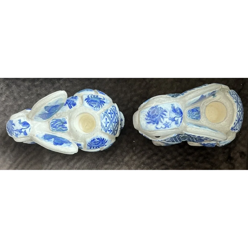 Nancy Lopez Vintage Blue Mosaic Rabbit/ Bunny Candleholder Set 1980 EUC
